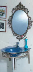 Glass vessel sink hung from wall